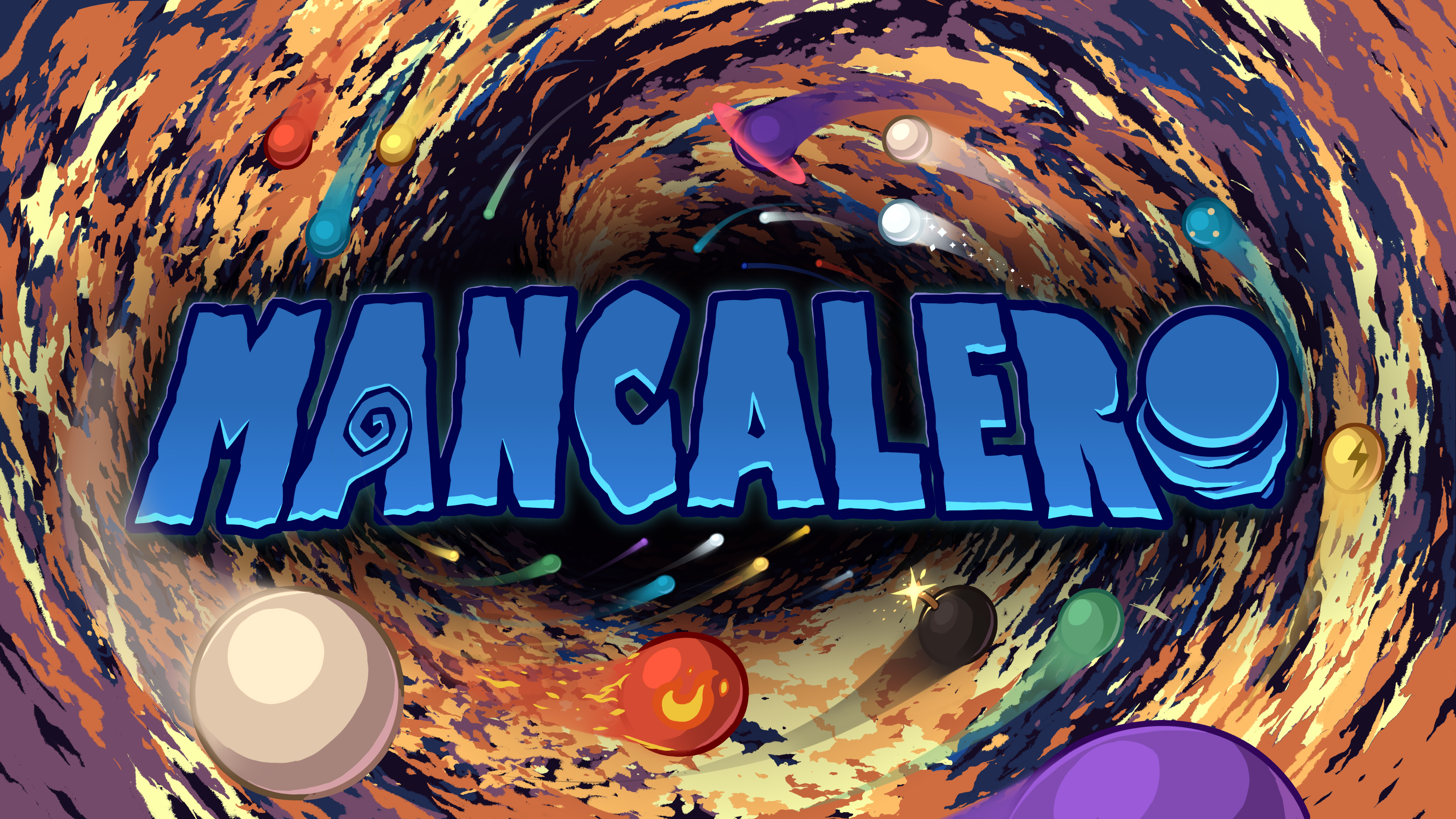 Mancalero capsule artwork with colourful marbles swirling around the title